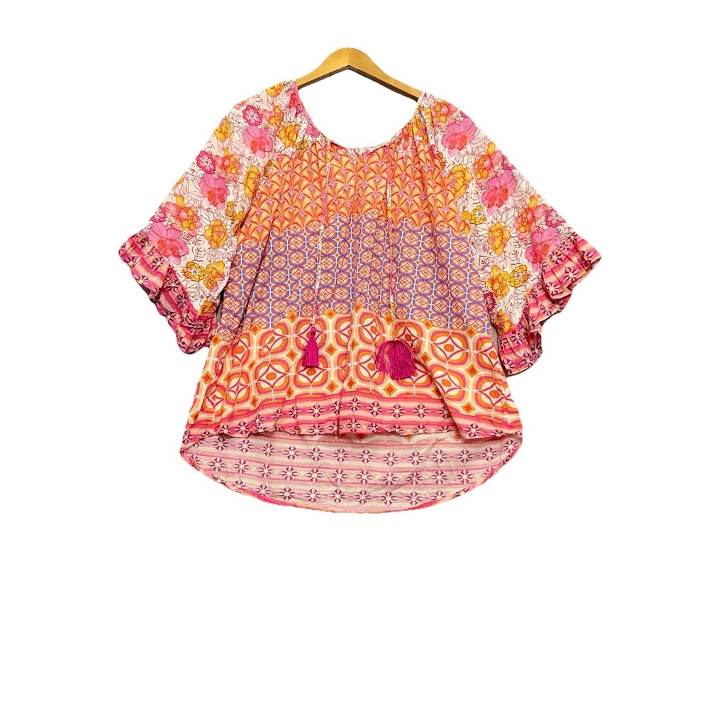 Lulalife Blouse Top Womens XL Multicolour Floral Tie Neck Tassels Tropical Boho